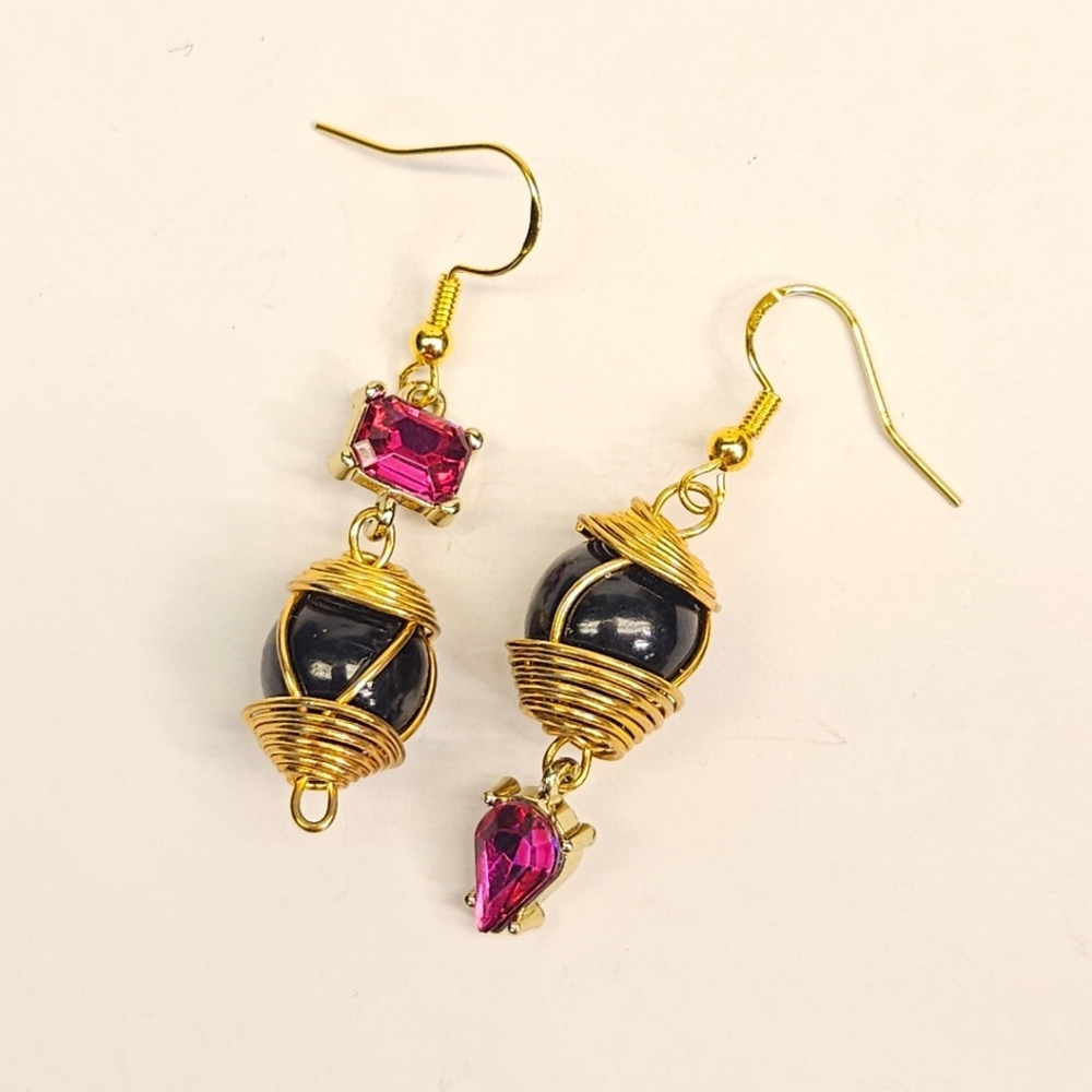 Gold and Black Earrings with Fushcia Accents